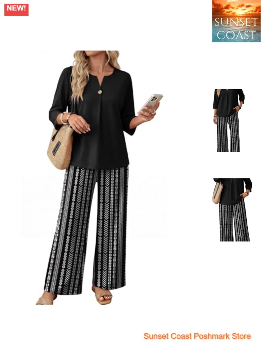 Womens Two Piece Lounge Set 3/4 Sleeve Wide Leg Pant Set Travel Outfit